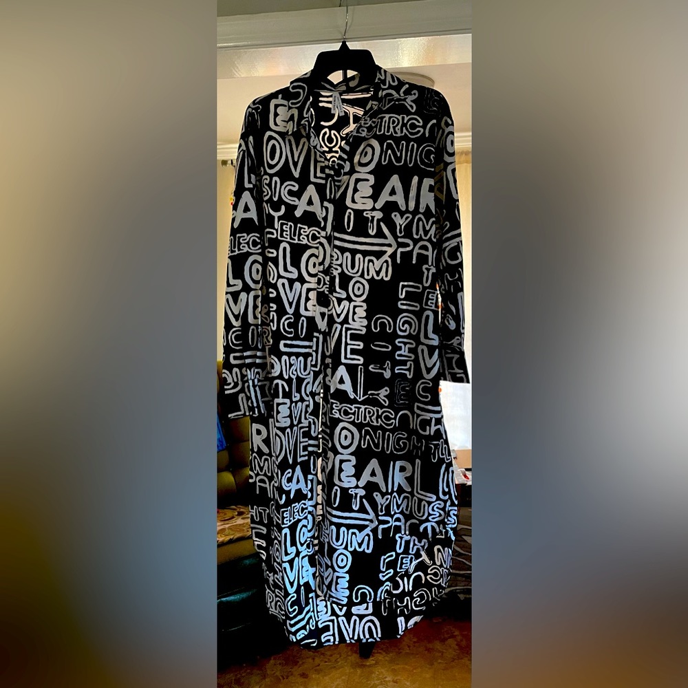 Button down black and white shirt dress.  Urban graffiti print